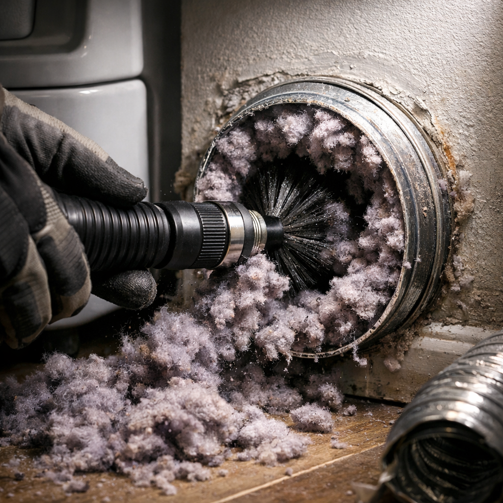 Professional dryer vent cleaning with rotary brush removing lint buildup — fire prevention service in Bradenton FL