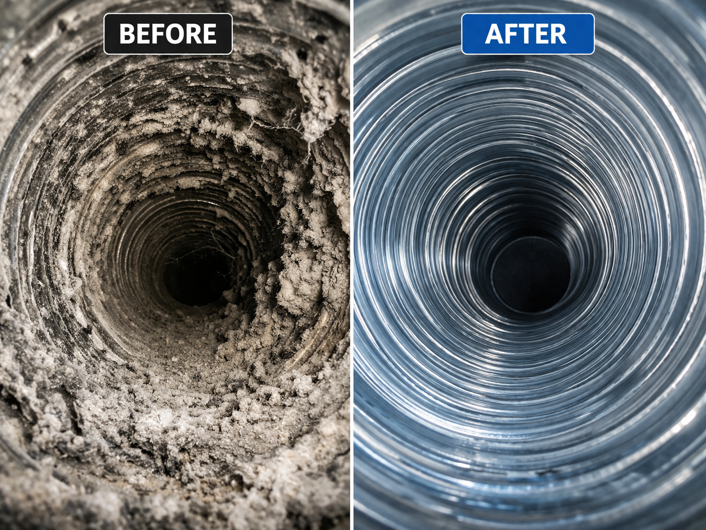 Residential air duct before and after professional cleaning — dramatic improvement in cleanliness