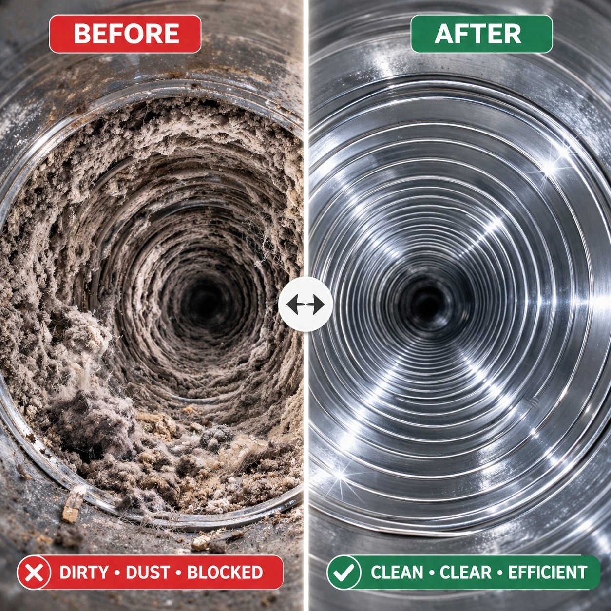 Air duct before and after cleaning comparison — dirty blocked duct vs spotlessly clean efficient duct