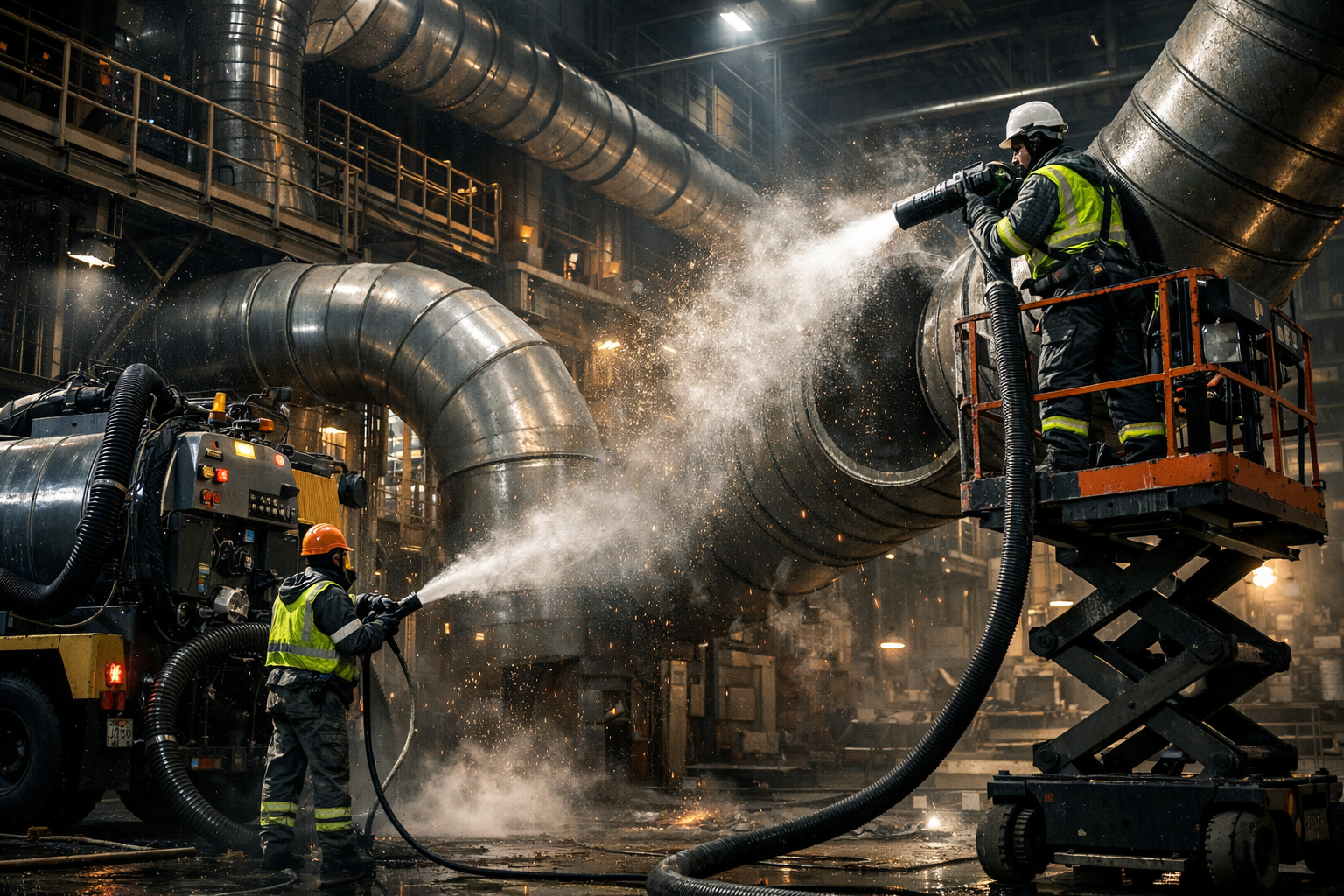 Industrial commercial air duct cleaning operation with large-scale equipment and certified workers