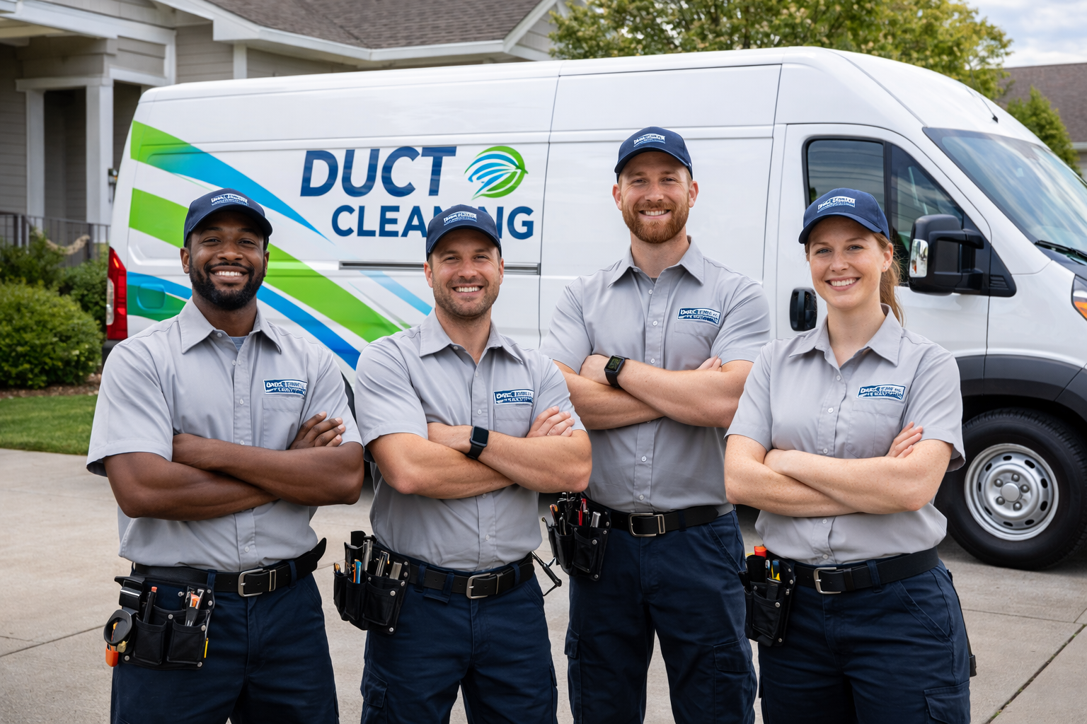 Pure Aire Pros duct cleaning team — four certified technicians in uniform with branded van