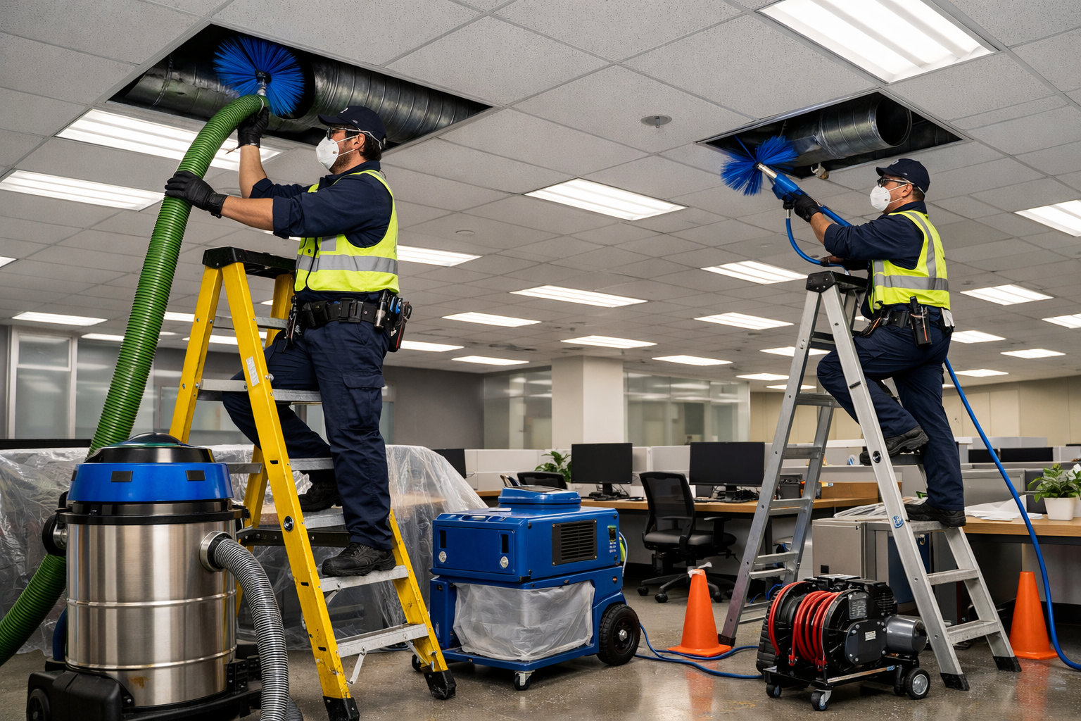 technicians performing commercial office air duct cleaning on ladders in Bradenton FL