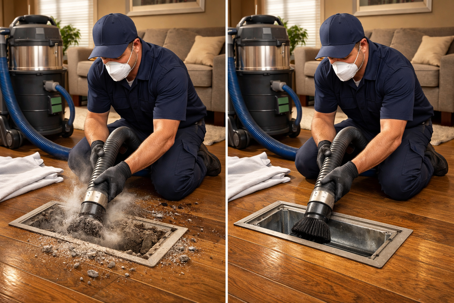Certified technician performing residential air duct cleaning with vacuum equipment in Bradenton FL living room