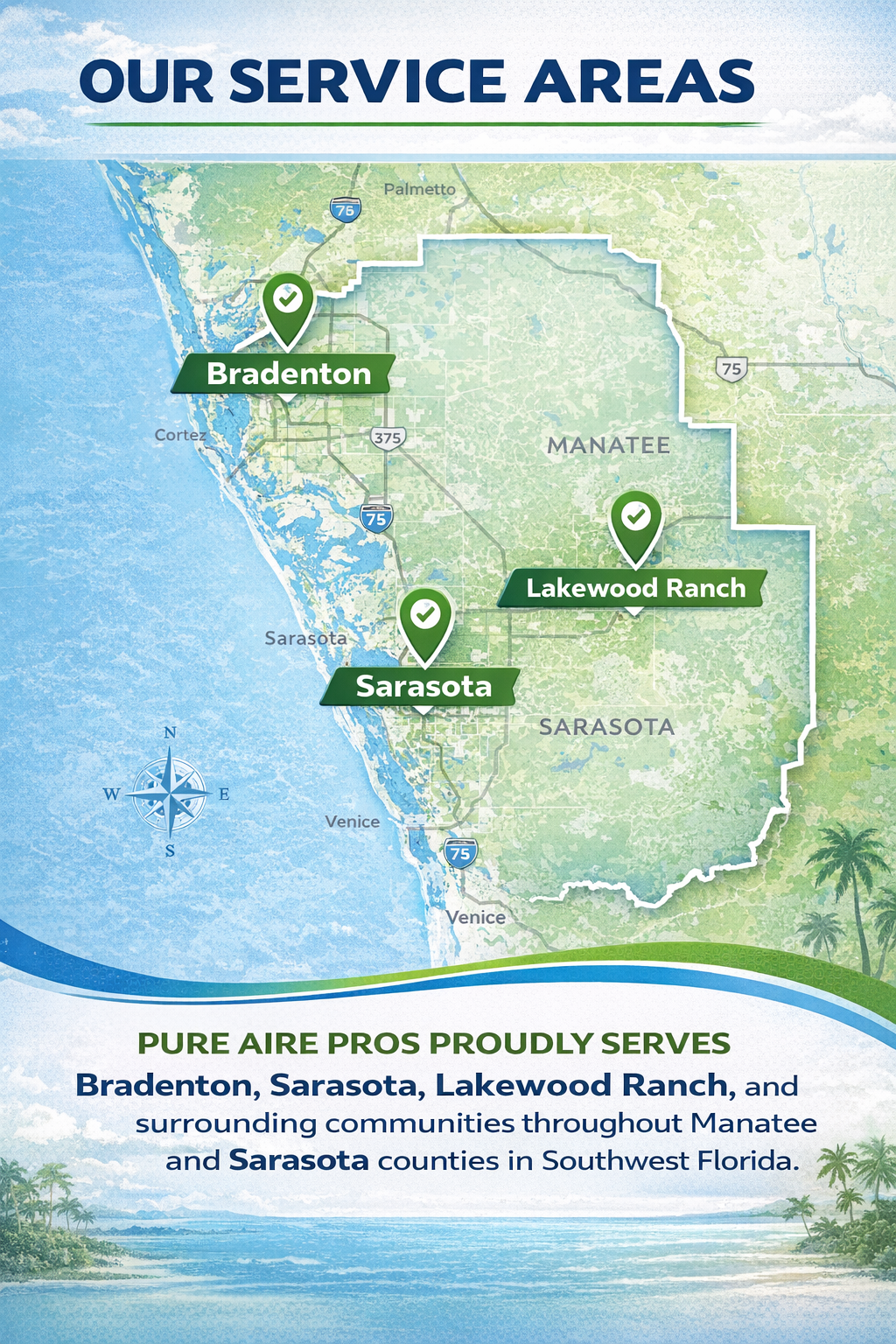 Pure Aire Pros service area map — Bradenton, Sarasota, and Lakewood Ranch, FL